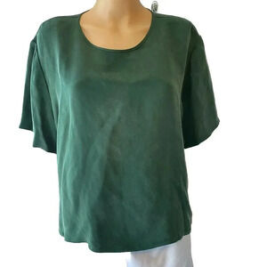 VTG Via Seta Silk Blouse Top 1X Short Sleeve Green Lightweight Casual Round Neck
